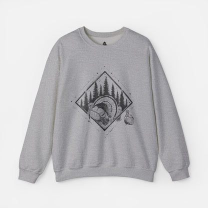 Grey Echo of Timber Adult Crewneck displayed flat on a white background, showcasing its cozy fabric and rustic wildlife design.