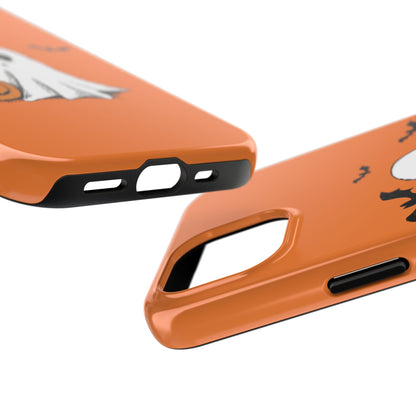 Phone case featuring a Halloween design with a ghost, pumpkin, and bats, compatible with iPhone and Samsung models, perfect for spooky seasonal style.