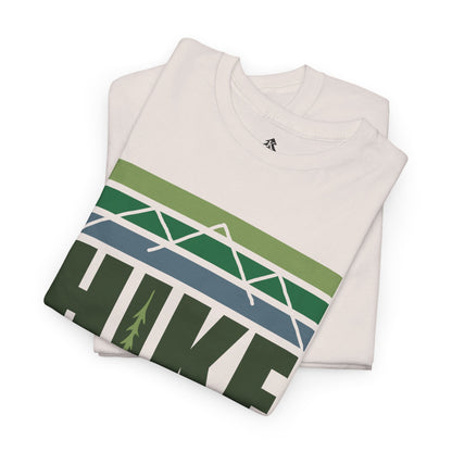 Ice Gray folded Hike Mountain Graphic T-Shirt on a white background, showcasing the bold mountain and tree design, perfect for hikers and outdoor adventure lovers.