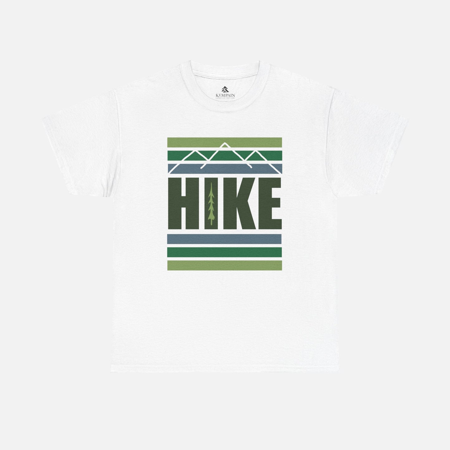 White Hike Mountain Graphic T-Shirt front view on a white background, featuring a bold mountain and tree design, perfect for hikers and outdoor enthusiasts.
