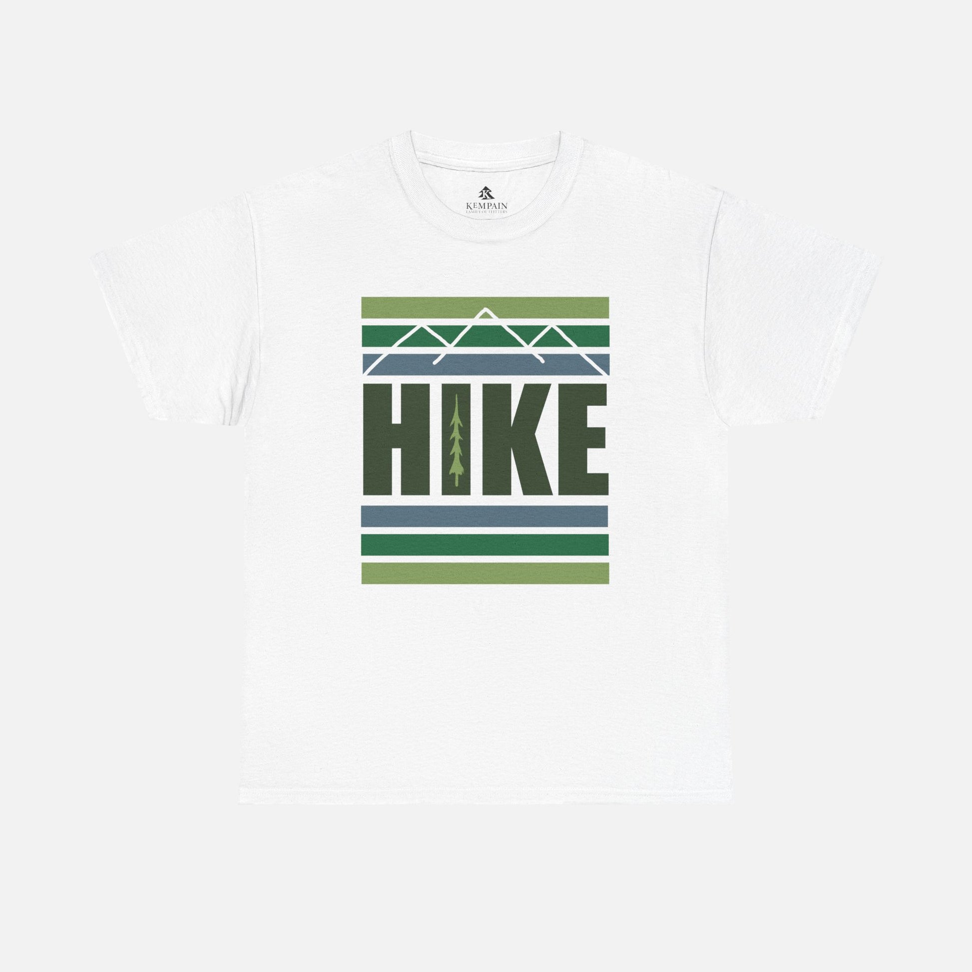 White Hike Mountain Graphic T-Shirt front view on a white background, featuring a bold mountain and tree design, perfect for hikers and outdoor enthusiasts.