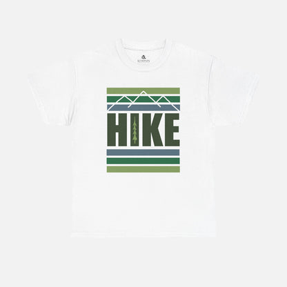 White Hike Mountain Graphic T-Shirt front view on a white background, featuring a bold mountain and tree design, perfect for hikers and outdoor enthusiasts.