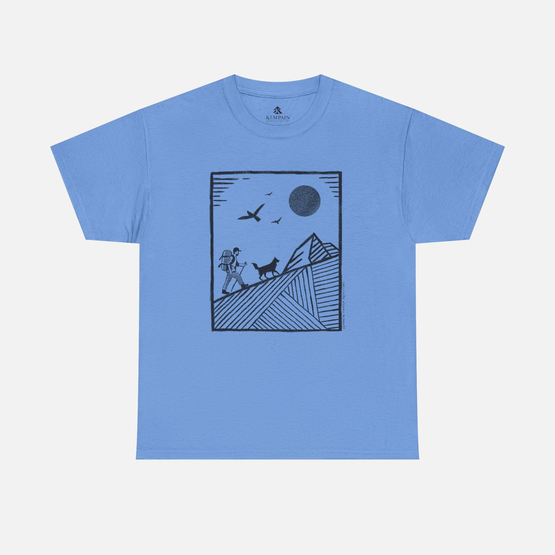Hiker & Dog Companion Tee in blue on a white background, showcasing a minimalist outdoor design of a hiker and their loyal dog.