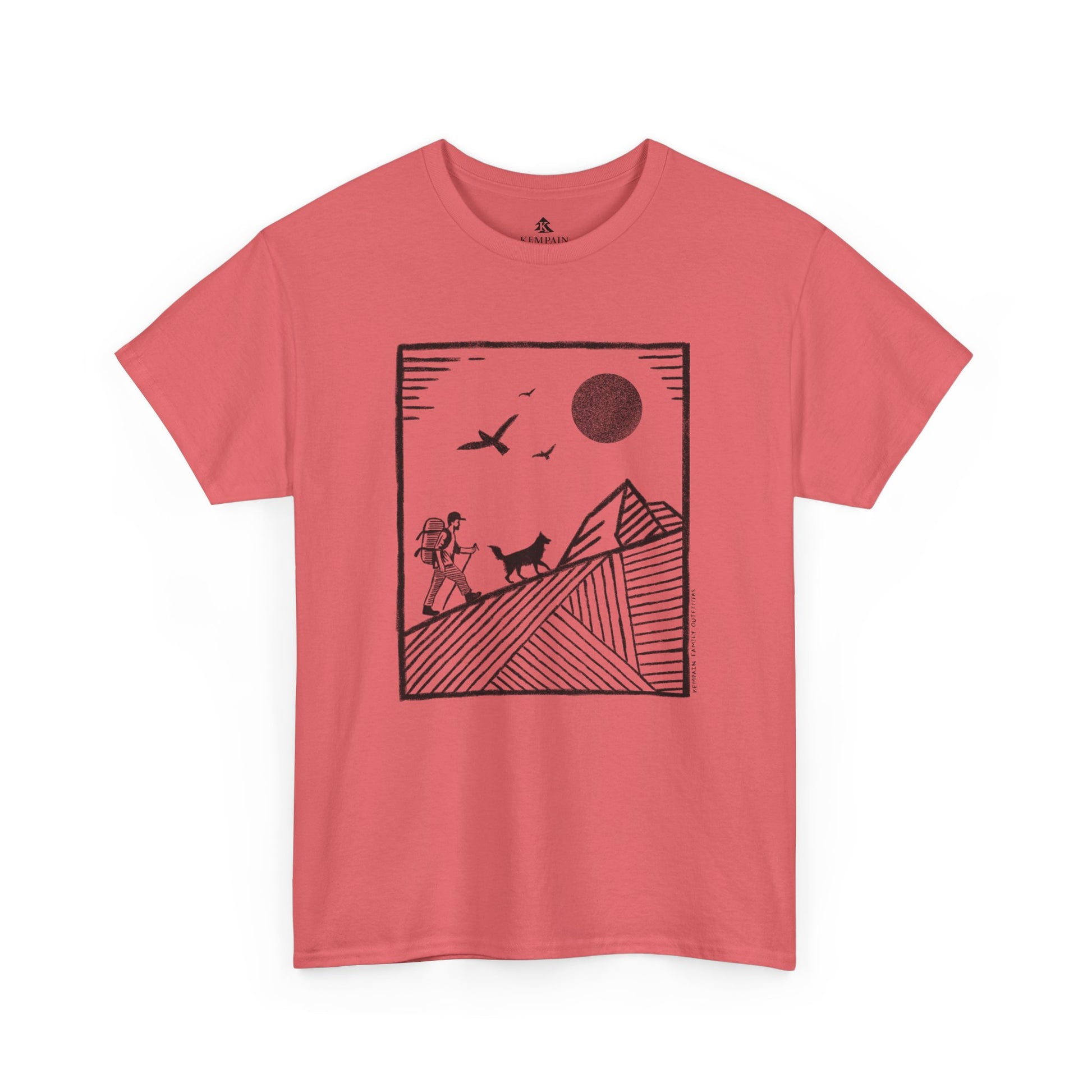 Hiker & Dog Companion Tee in coral on a white background, showcasing a minimalist outdoor design of a hiker and their loyal dog.