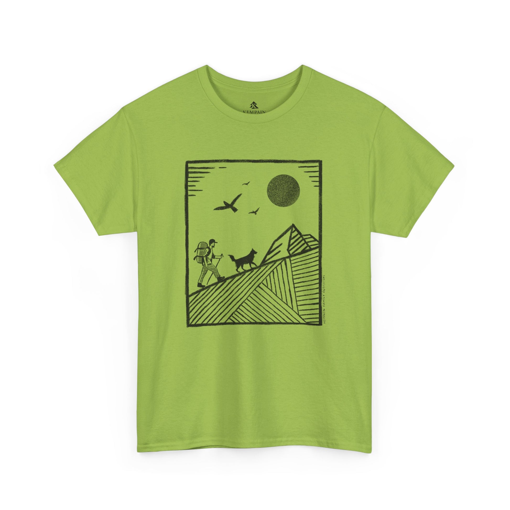 Hiker & Dog Companion Tee in green on a white background, showcasing a minimalist outdoor design of a hiker and their loyal dog.