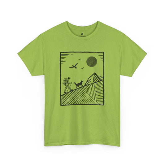 Hiker & Dog Companion Tee in green on a white background, showcasing a minimalist outdoor design of a hiker and their loyal dog.