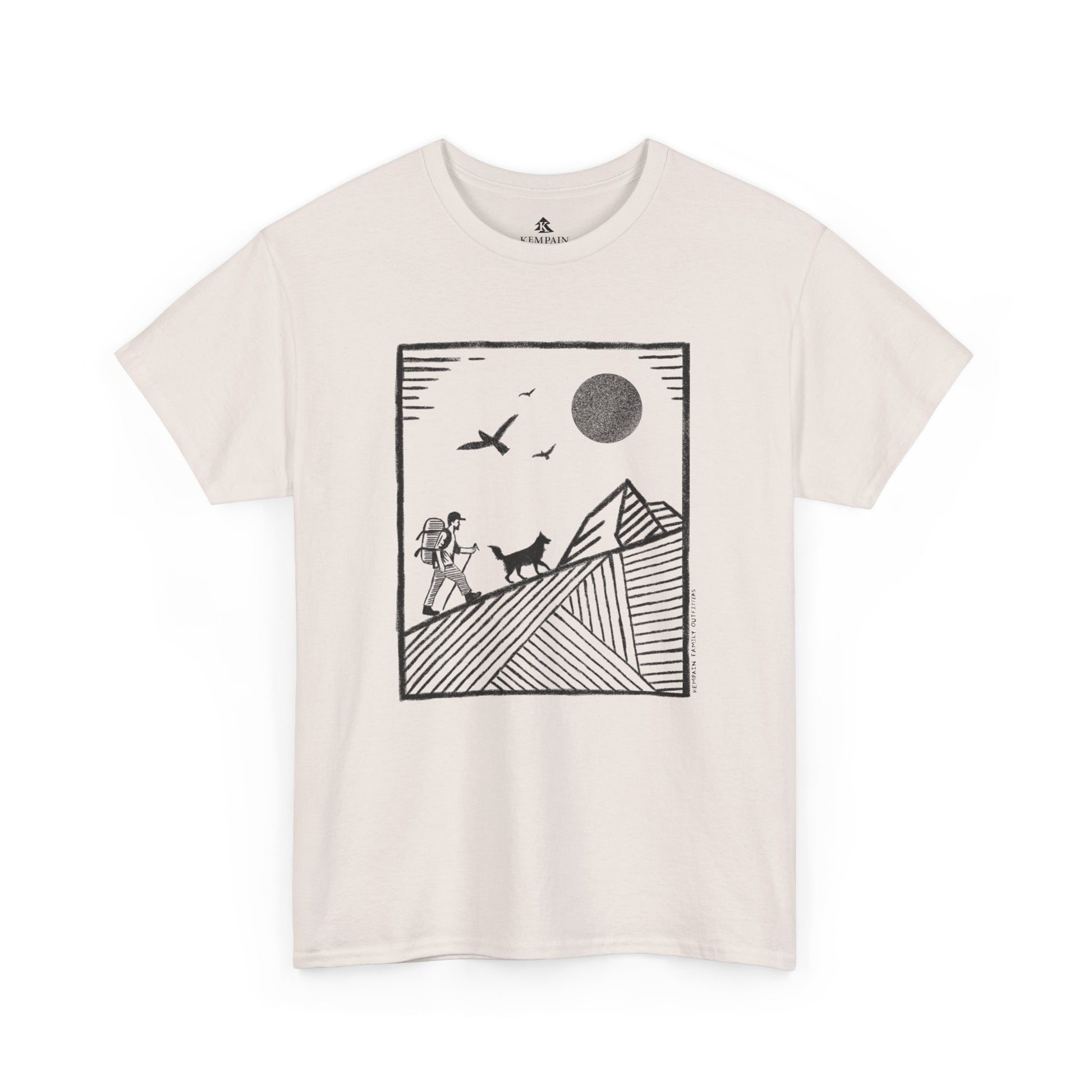 Hiker & Dog Companion Tee in white on a white background, showcasing a minimalist outdoor design of a hiker and their loyal dog.