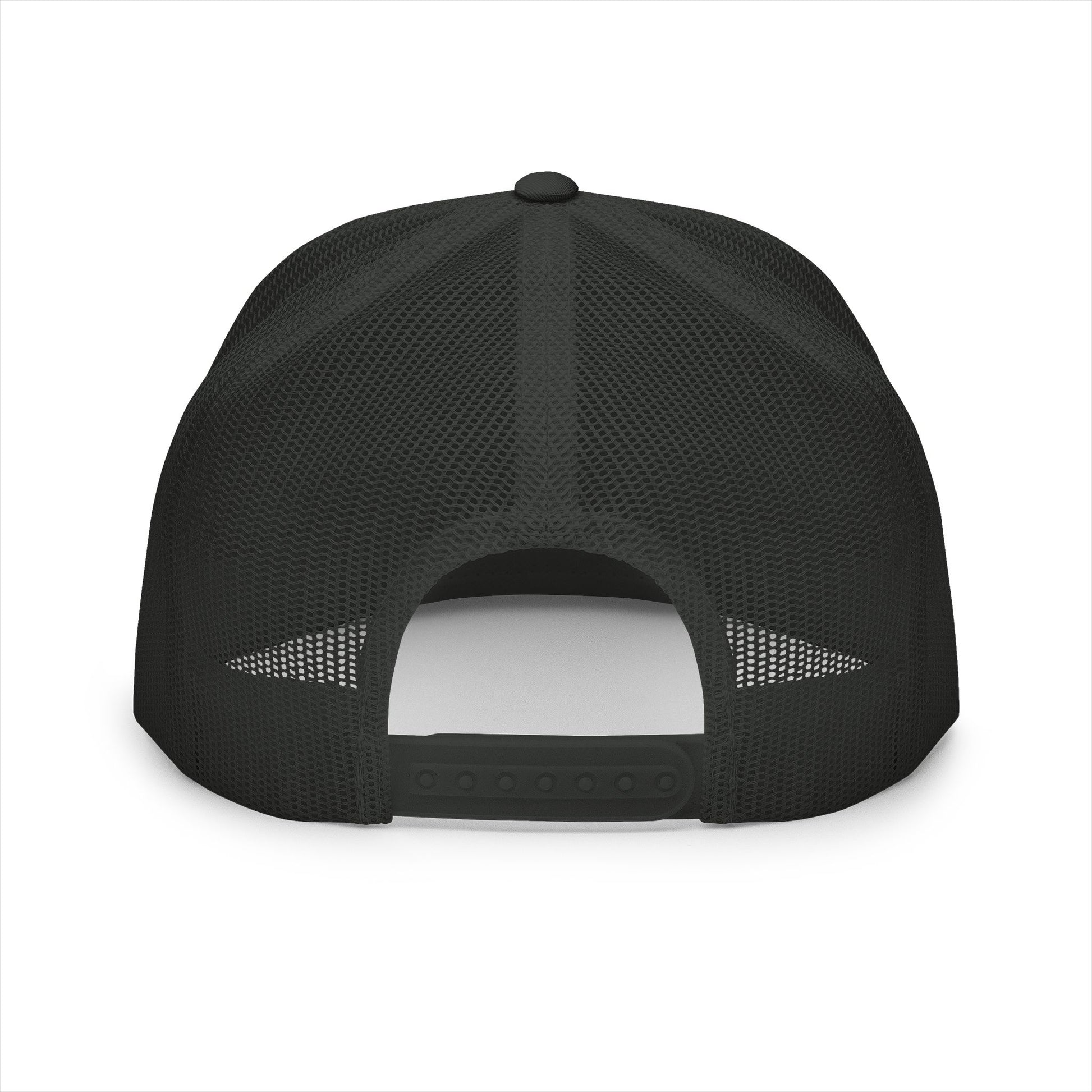 Back view of the Hiking Boot Typography Trucker Cap on a white background, showcasing the black mesh back and adjustable snapback closure for breathable trail-ready comfort.