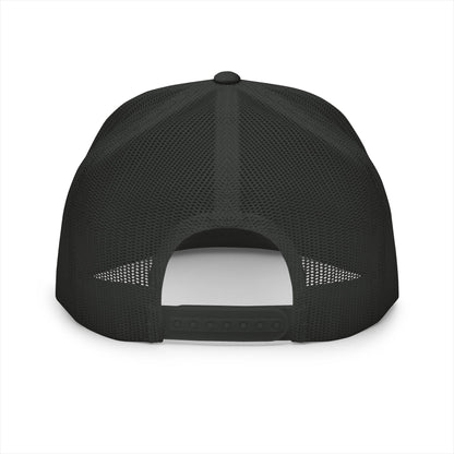 Back view of the Hiking Boot Typography Trucker Cap on a white background, showcasing the black mesh back and adjustable snapback closure for breathable trail-ready comfort.