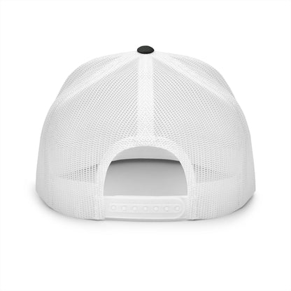 Back view of the Hiking Boot Typography Trucker Cap on a white background, showcasing the black mesh back and adjustable snapback closure for breathable trail-ready comfort.