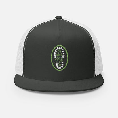 Front view of the Hiking Boot Typography Trucker Cap in two tone white and grey on a white background, featuring a bold hiking boot filled with intricate typographic linework and outdoor-themed details.