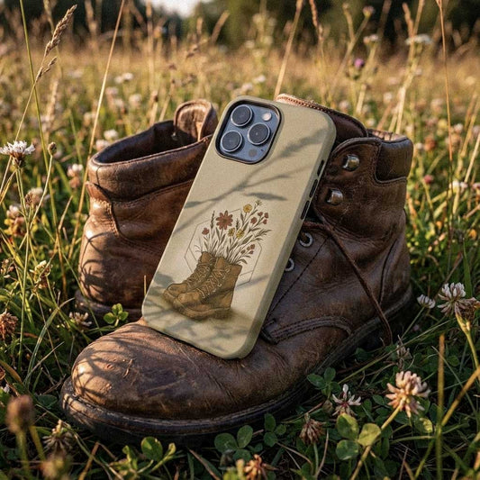Phone case with boot design on a worn boot in a grassy field