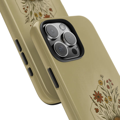A close up view on angle of Hiking Boots with Wildflowers Phone Case featuring illustrated boots filled with blooming flowers, symbolizing outdoor adventure and nature on a white background.