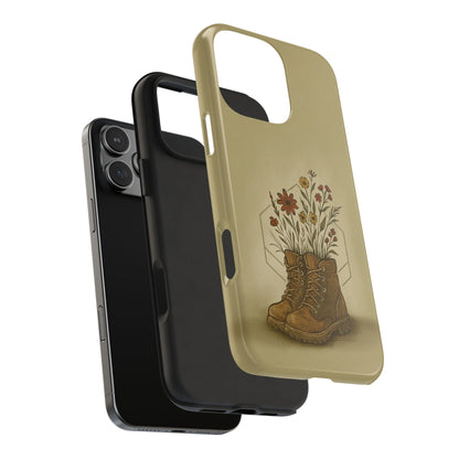 Exploded view of Hiking Boots with Wildflowers Phone Case highlighting rugged protection with a dual-layer design.
