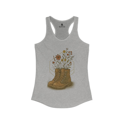 Heather Grey Hiking Boots and Wildflowers Tank Top displayed on white background —perfect for outdoor lovers.
