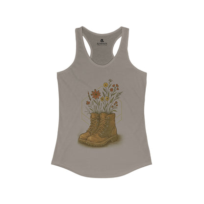 Solid Warm Grey Hiking Boots and Wildflowers Tank Top displayed on white background —perfect for outdoor lovers.