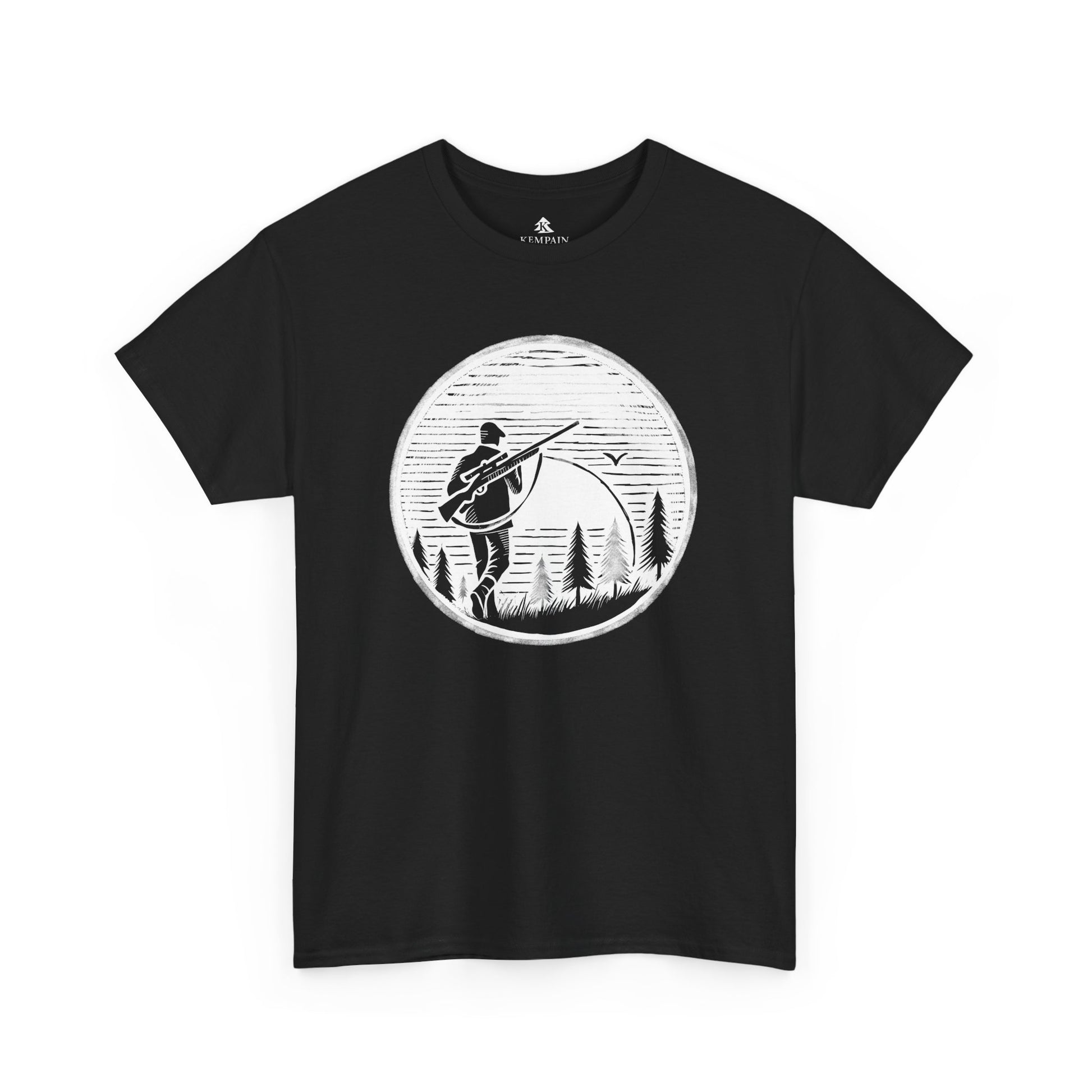 Hunter Sunrise Tee in black on a white background, showcasing a striking sunrise hunting design for nature lovers and outdoor explorers.