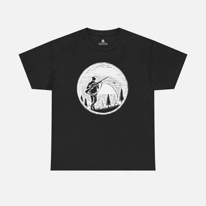Hunter Sunrise Tee in black on a white background, showcasing a striking sunrise hunting design for nature lovers and outdoor explorers.