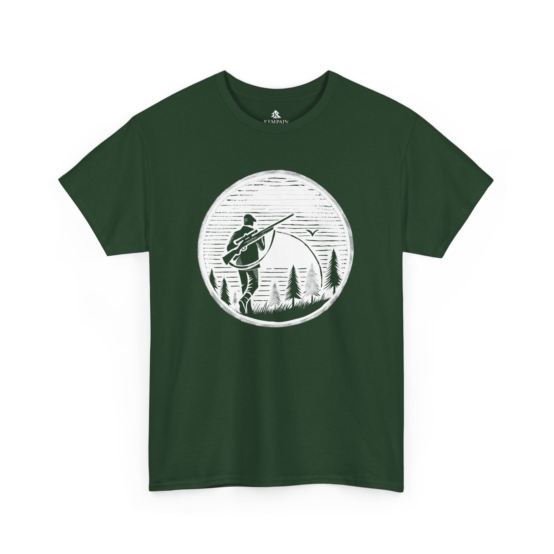 Hunter Sunrise Tee in green on a white background, showcasing a striking sunrise hunting design for nature lovers and outdoor explorers.
