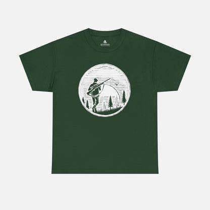 Hunter Sunrise Tee in green on a white background, showcasing a striking sunrise hunting design for nature lovers and outdoor explorers.