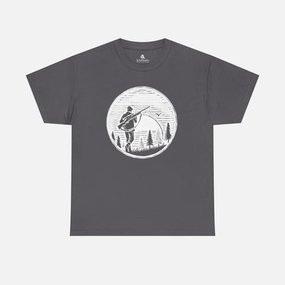 Hunter Sunrise Tee in grey on a white background, showcasing a striking sunrise hunting design for nature lovers and outdoor explorers.