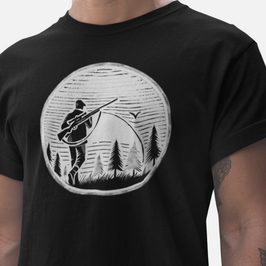 Model wearing Hunter Sunrise Tee, featuring a bold silhouette of a hunter walking into the sunrise, perfect for hunting enthusiasts and outdoor adventurers.