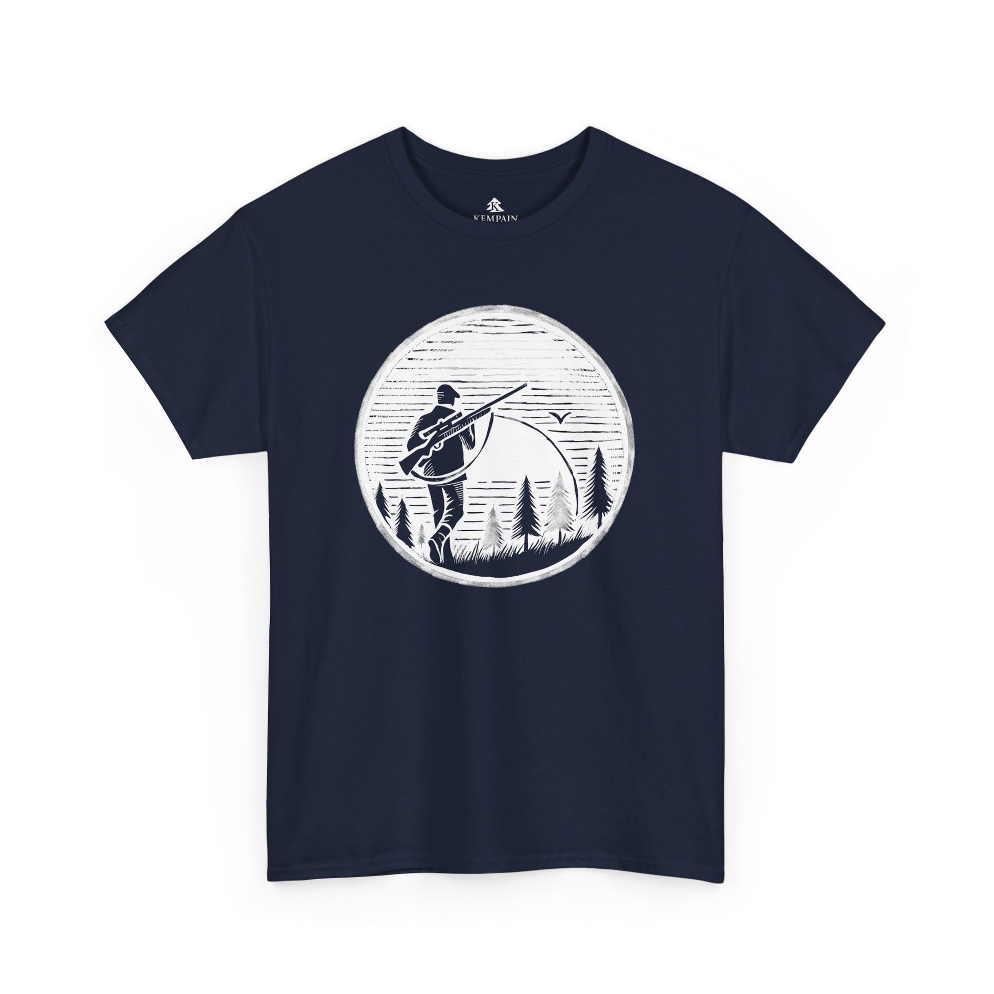 Hunter Sunrise Tee in navy on a white background, showcasing a striking sunrise hunting design for nature lovers and outdoor explorers.