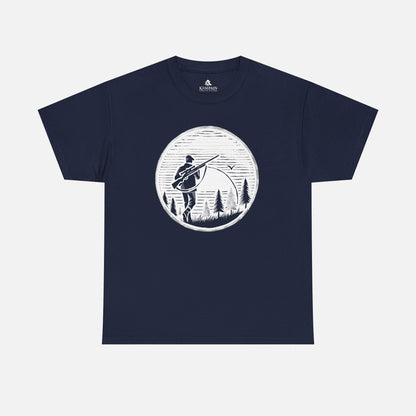 Hunter Sunrise Tee in navy on a white background, showcasing a striking sunrise hunting design for nature lovers and outdoor explorers.