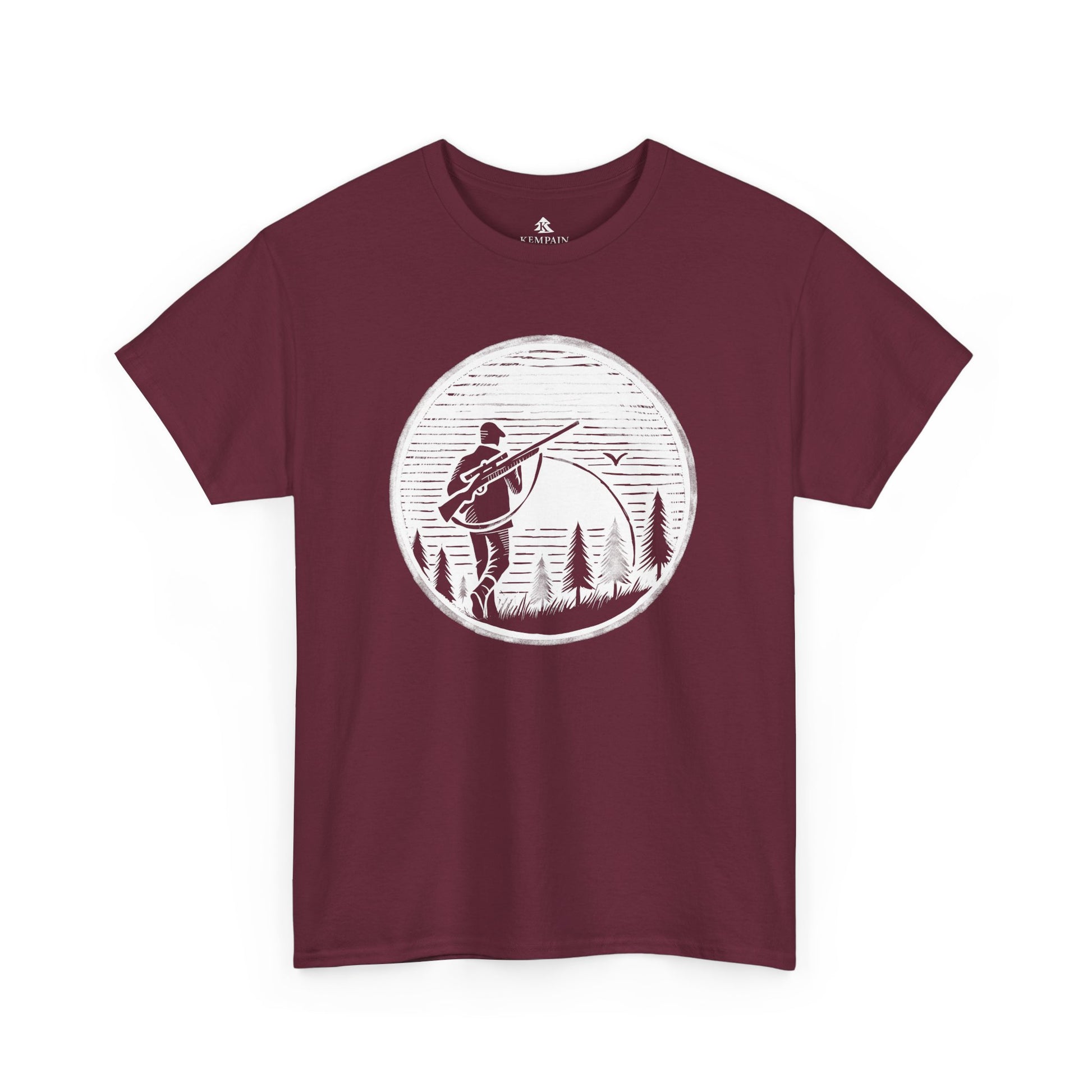 Hunter Sunrise Tee in red on a white background, showcasing a striking sunrise hunting design for nature lovers and outdoor explorers.