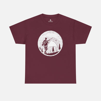 Hunter Sunrise Tee in red on a white background, showcasing a striking sunrise hunting design for nature lovers and outdoor explorers.