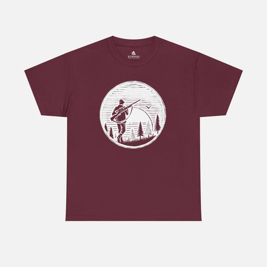 Hunter Sunrise Tee in red on a white background, showcasing a striking sunrise hunting design for nature lovers and outdoor explorers.