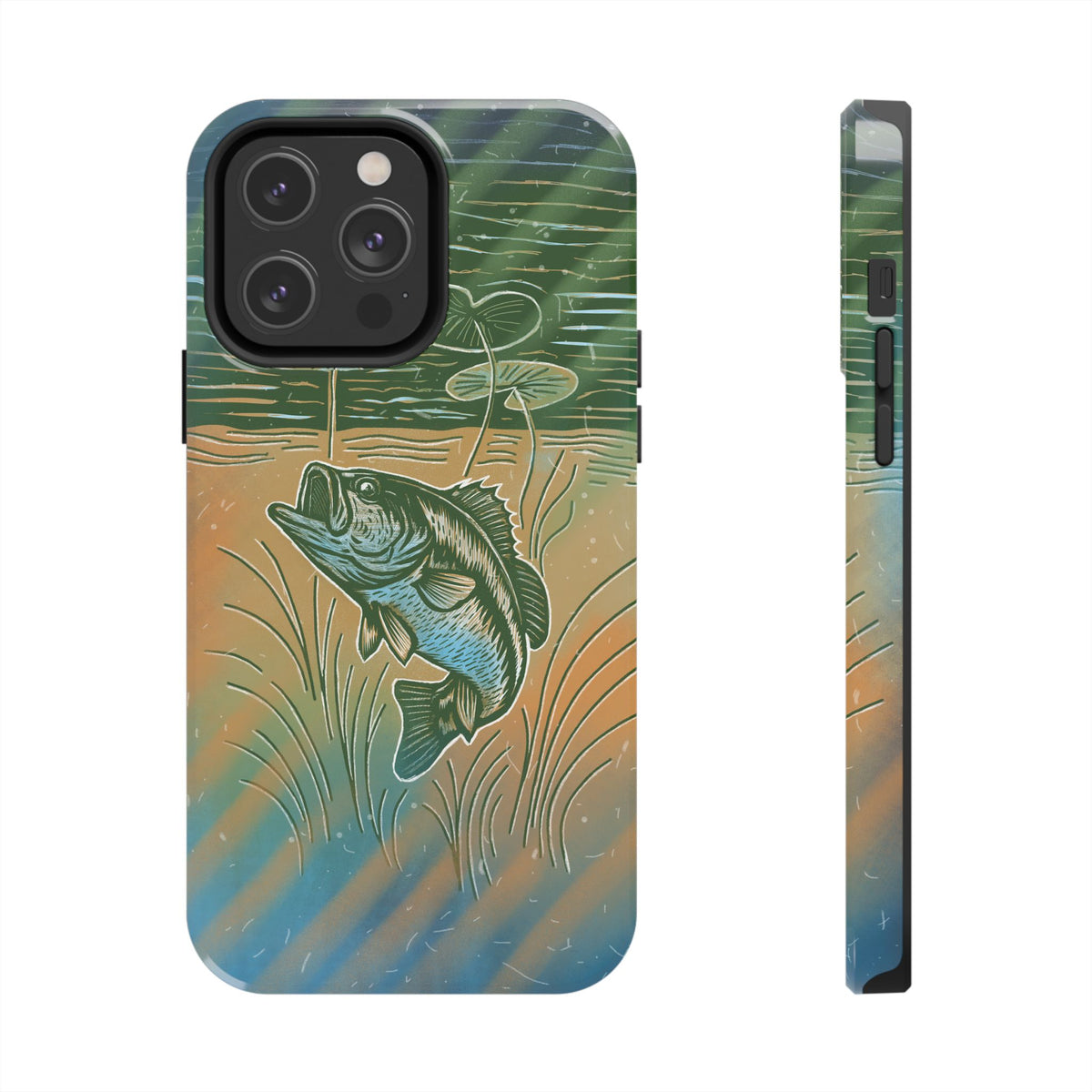 A iPhone 14 Pro Max phone case with an illustrated Largemouth Bass design by Kempain Family Outfitters on a white background.