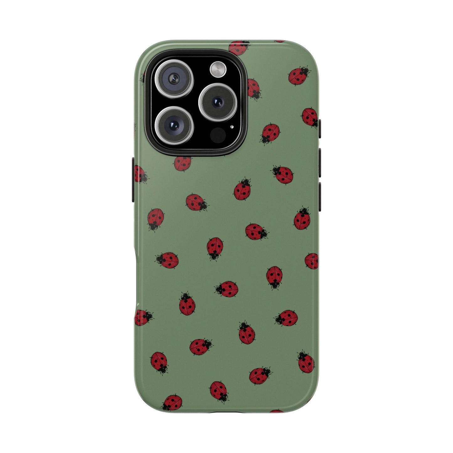 Phone case with lady bug pattern on a green background