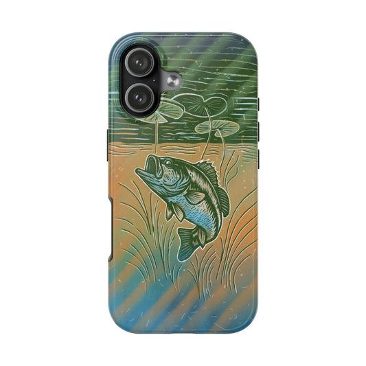 A iPhone 17 phone case with an illustrated Largemouth Bass design by Kempain Family Outfitters on a white background.