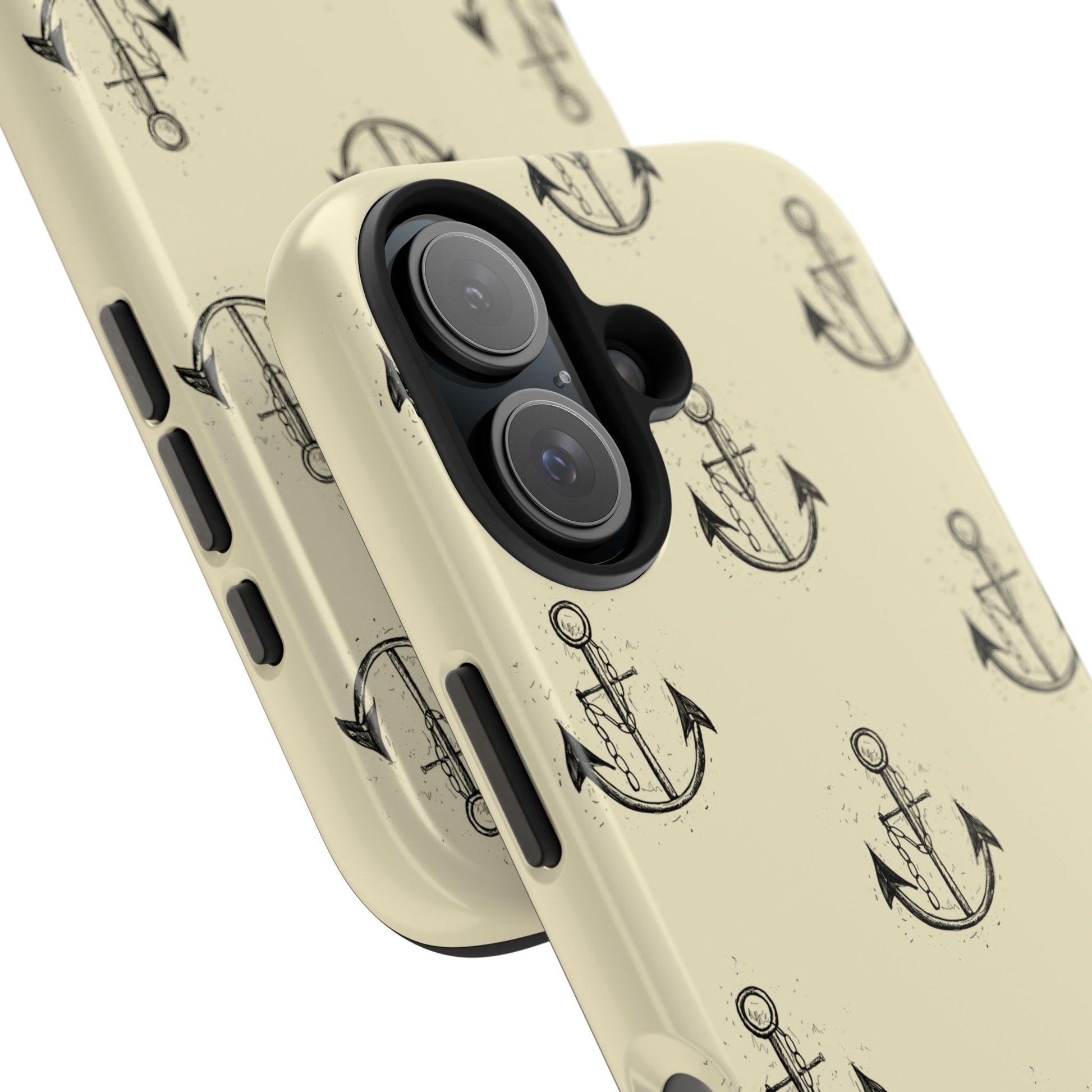 Detail view of a nautical-themed ship anchor phone case pattern with repeating anchor designs.