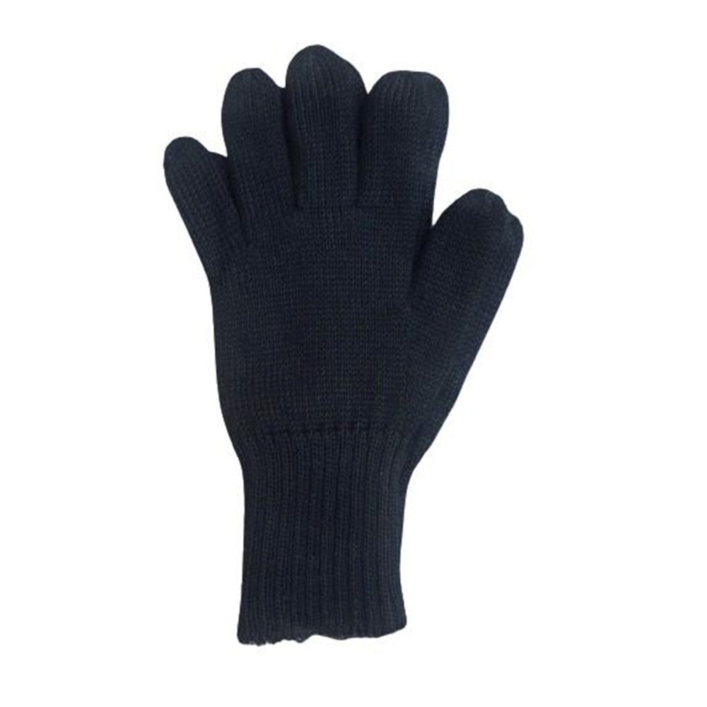 A single dark navy blue knit alpaca winter glove shown flat against a plain white background.
