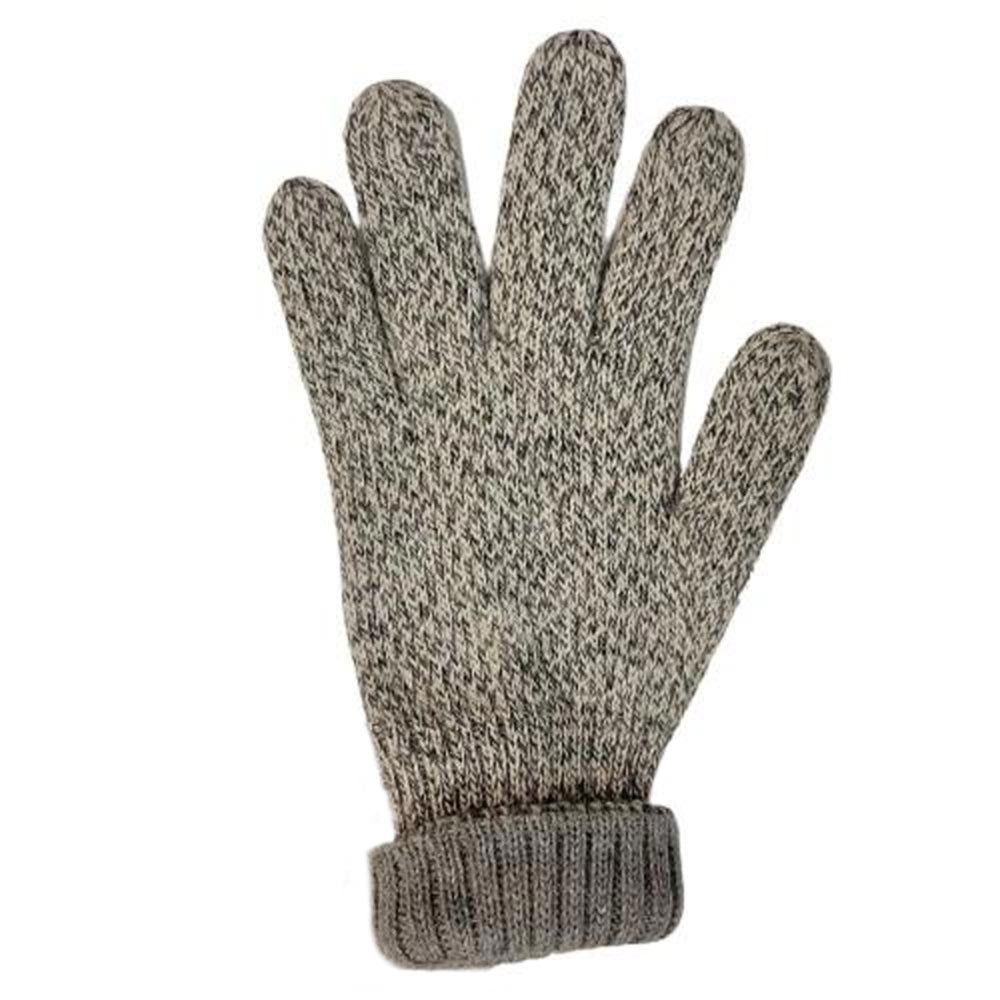 A single knit alpaca glove in a heathered gray and beige marled pattern, shown flat against a plain white background.