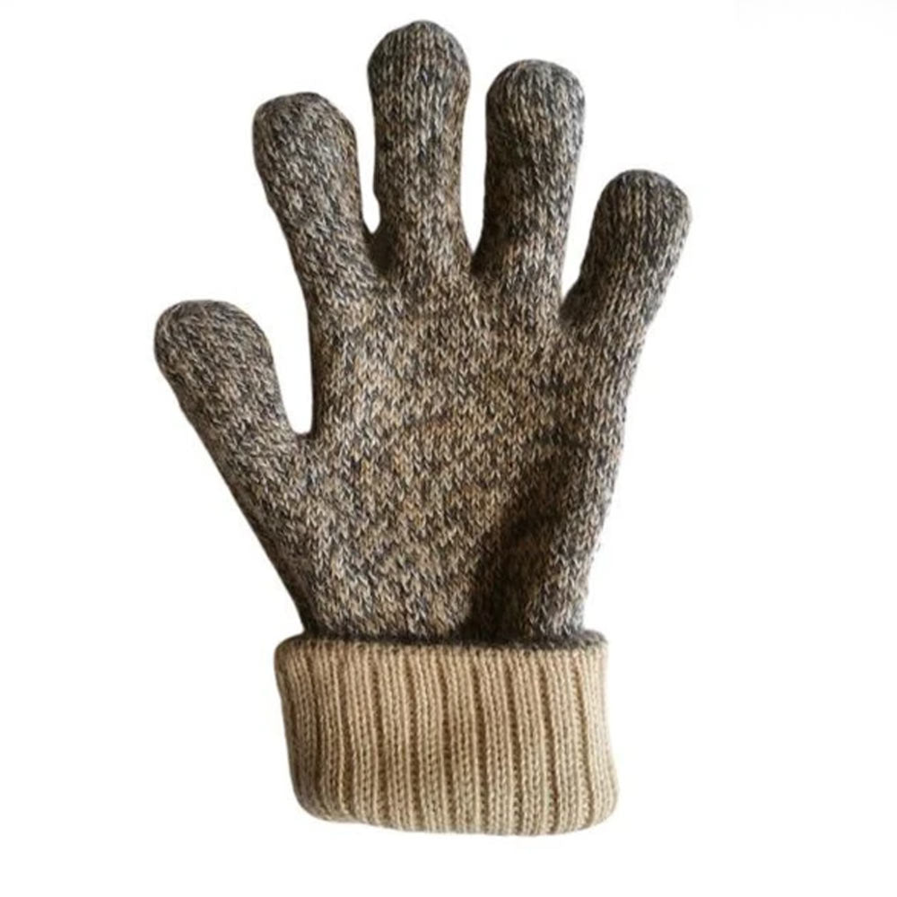 A single knit glove shown flat against a plain white background. The glove has a heathered brown and gray textured back with a ribbed beige cuff.