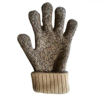 A single knit glove shown flat against a plain white background. The glove has a heathered brown and gray textured back with a ribbed beige cuff.