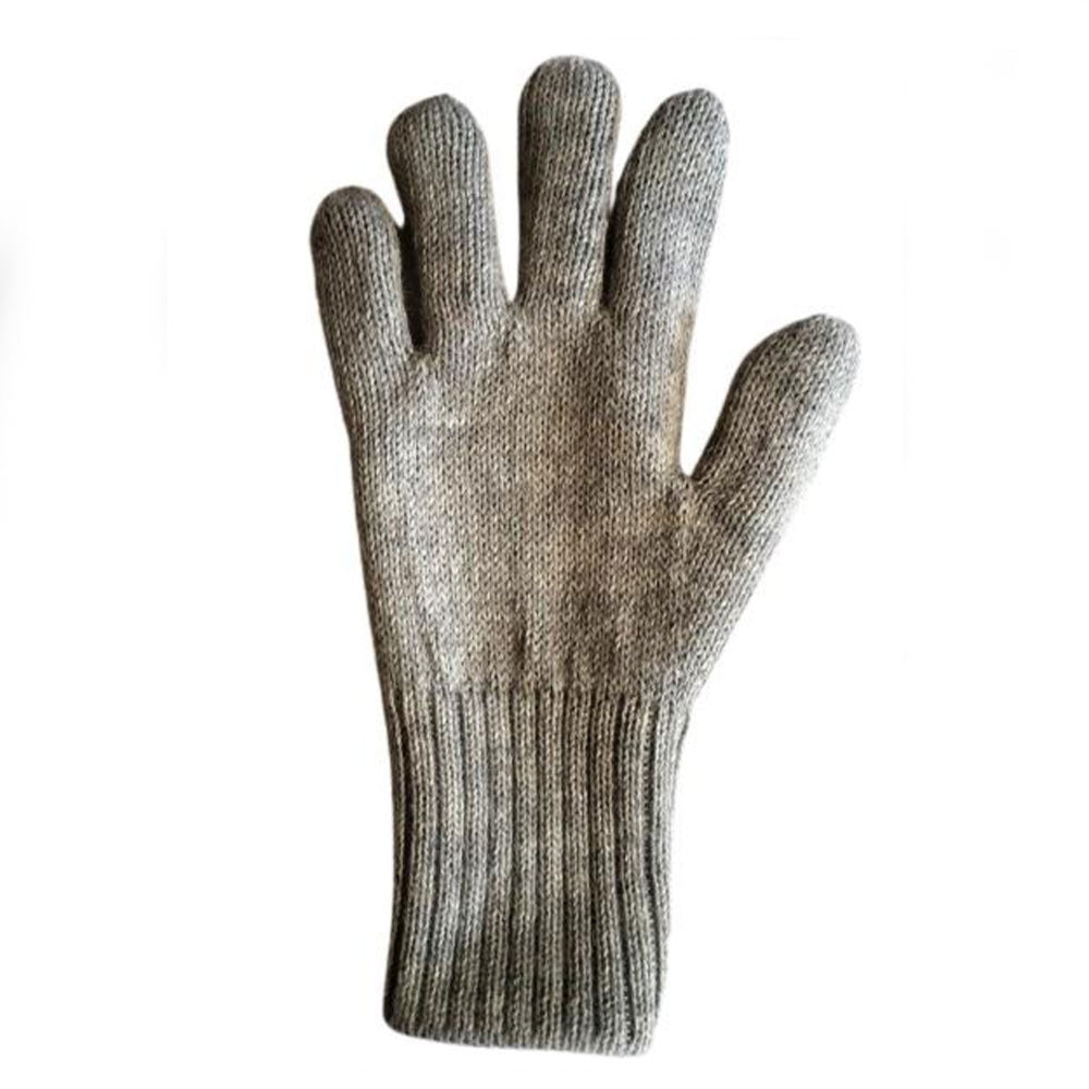 A single knit alpaca glove in a heathered gray color, shown flat against a plain white background.
