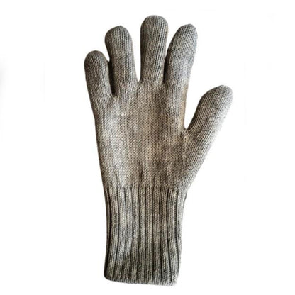 A single knit alpaca glove in a heathered gray color, shown flat against a plain white background.