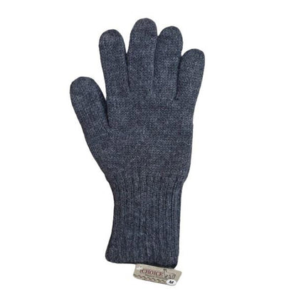 A single dark heathered blue alpaca knit glove with a ribbed cuff and a small brand tag at the wrist, shown against a plain white background.