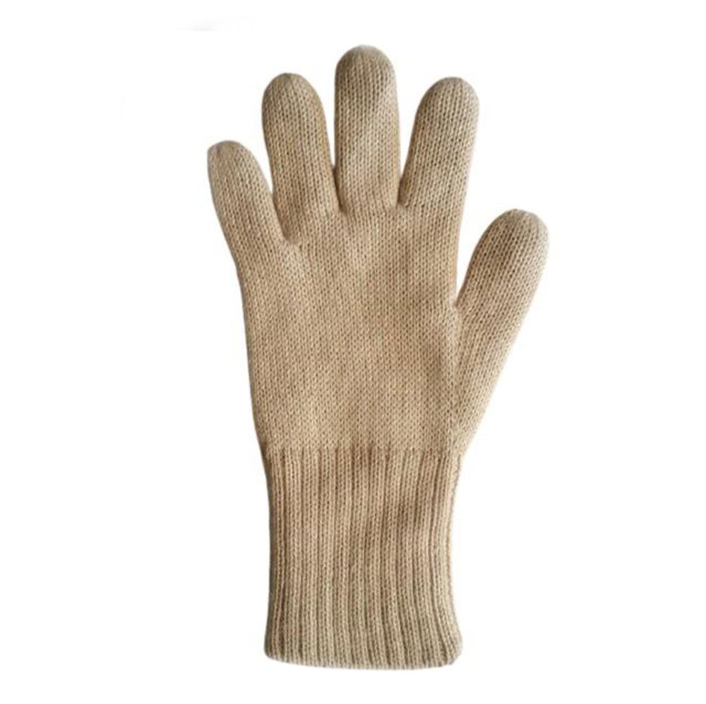A single beige knit alpaca glove with a ribbed cuff, shown flat against a plain white background.