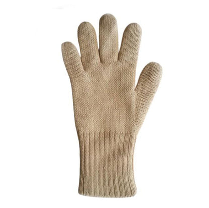 A single beige knit alpaca glove with a ribbed cuff, shown flat against a plain white background.