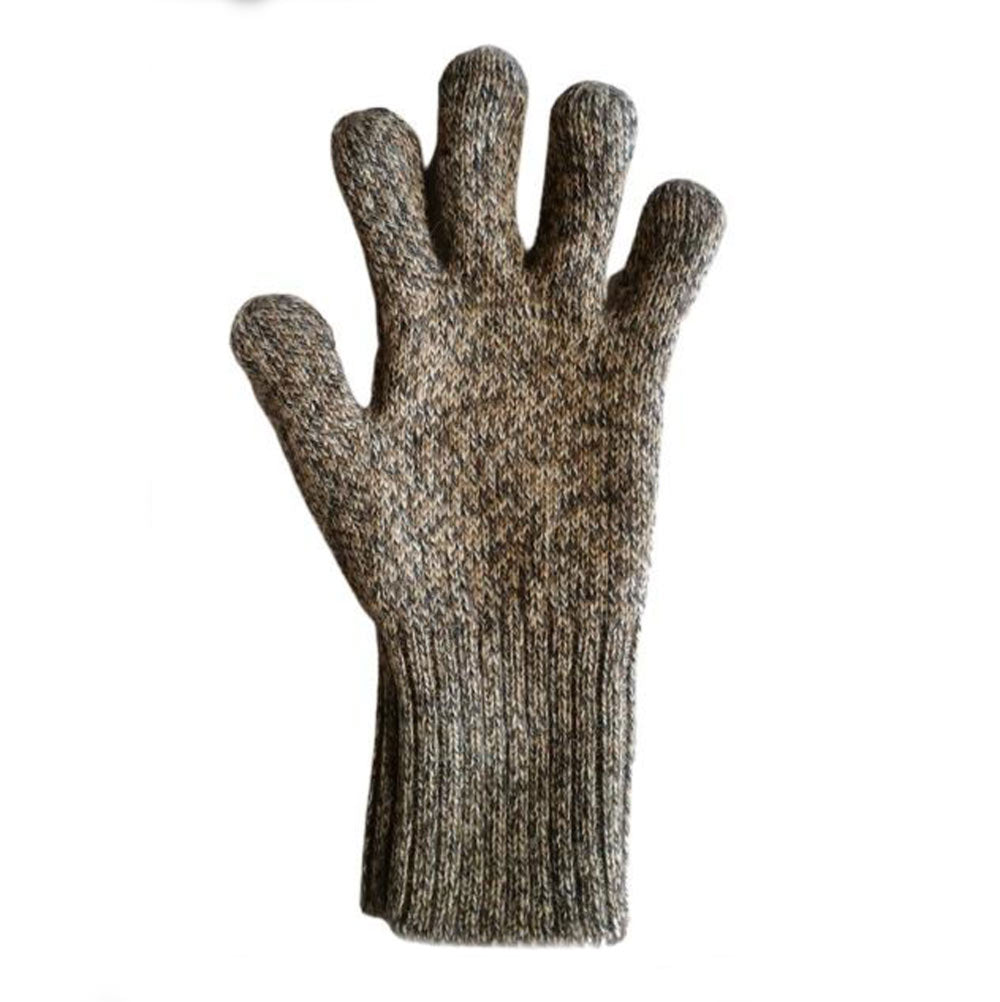 A single knit glove in a heathered brown and gray alpaca glove, shown flat against a plain white background.