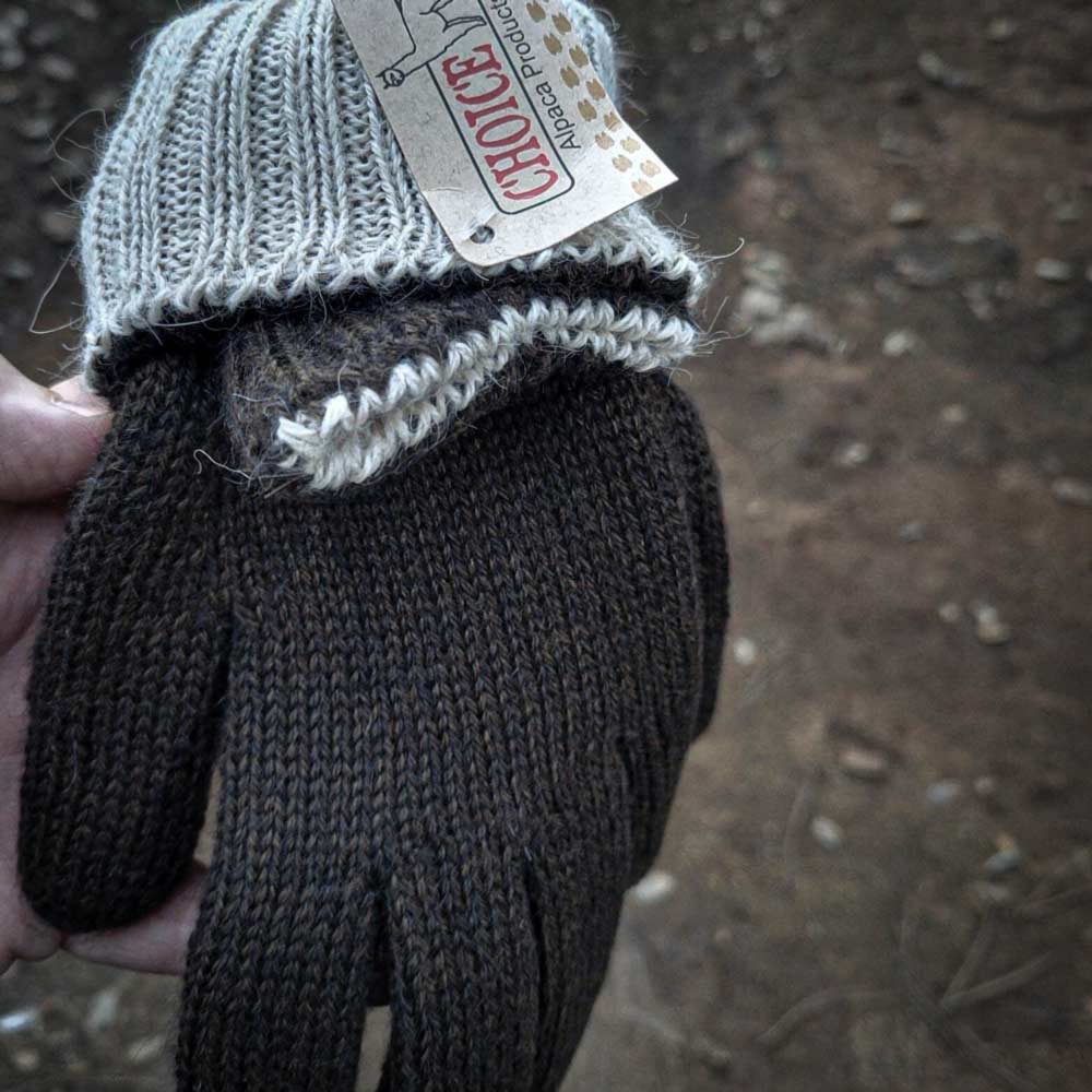 A hand holds a pair of dark brown knit gloves, with one glove turned inside to show a light gray knit cuff and a paper tag that reads 'CHOICE Alpaca Products'. The background is a blurry natural outdoor ground.