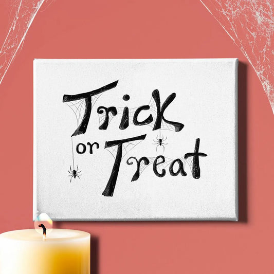 Canvas Gallery Wraps - Trick or Treat Illustrated Text with Spiders, Halloween Wall Art Decor, Spiderweb Canvas Prints, Spooky Home Decor,