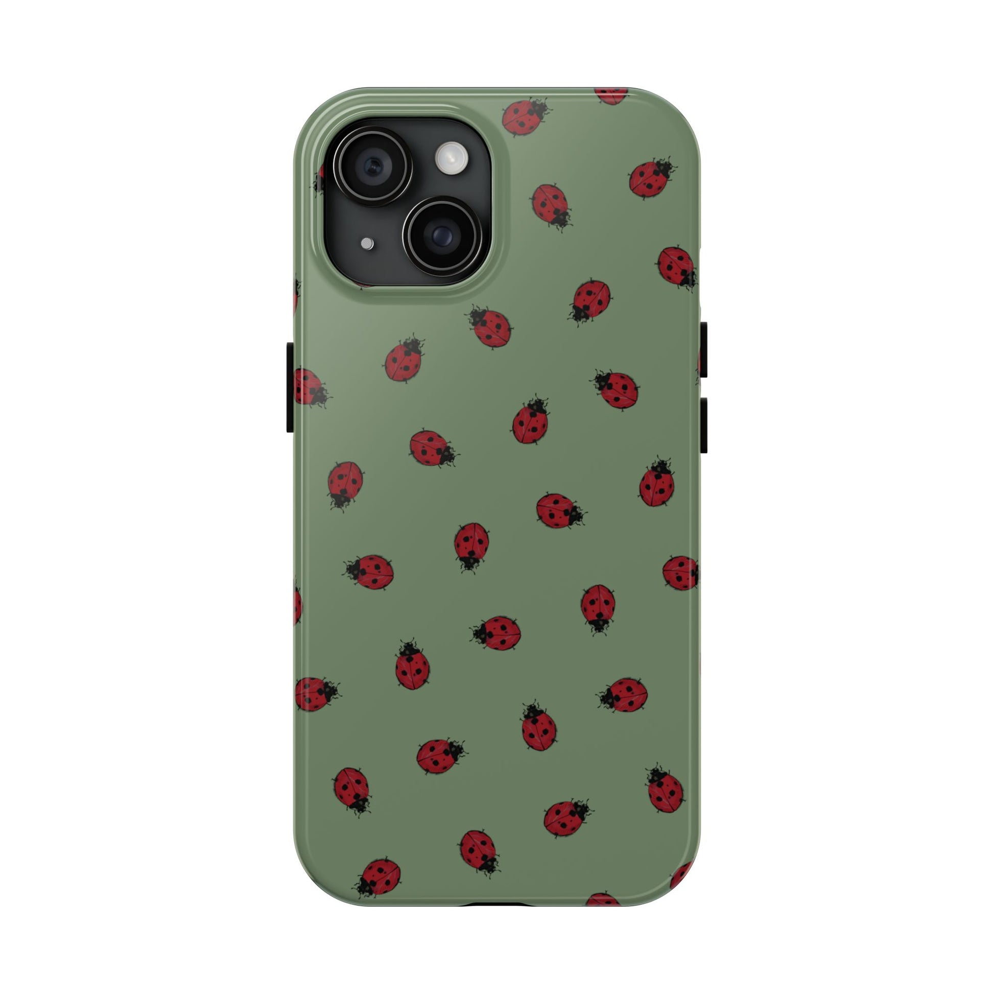 Phone case with ladybug pattern on a green background