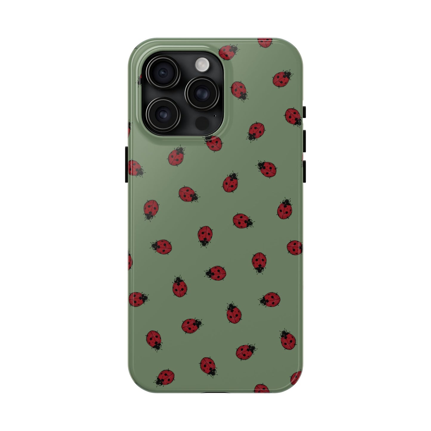 Phone case with ladybug pattern on a green background
