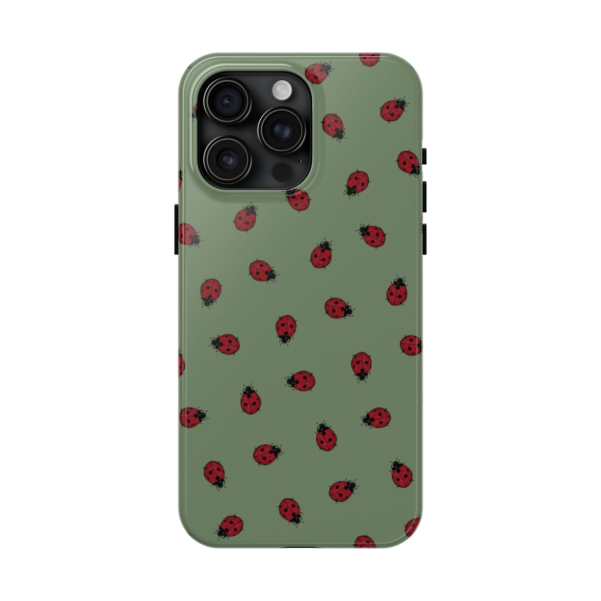 Phone case with ladybug pattern on a green background